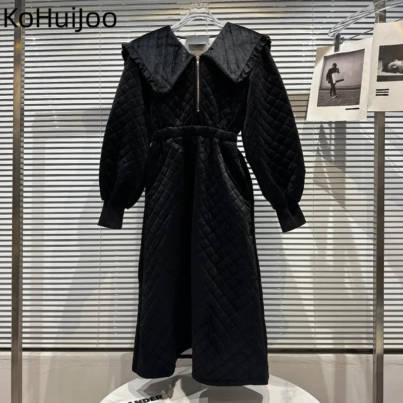 

KoHuiJoo Velvet Dress Women Winter Black Autumn 2022 Naval Shawl Turndown Collar Rhombu Plaid A Line Loose Dress Long Vintage