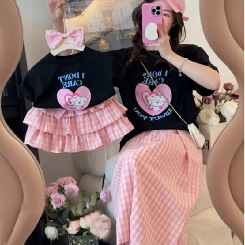 

Kids Parent-Child Outfit Love Cartoon Printing Girl Short-Sleeved T-Shirt Summer Baby All-Match Casual Top Pleated Skirt Suit