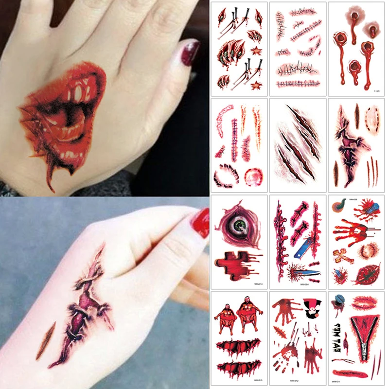 

Halloween Zombie Scar Temporary Tattoo Sticker Horror Realistic Wound Scary Blood Injury Tattoo for Halloween Body Art Stickers