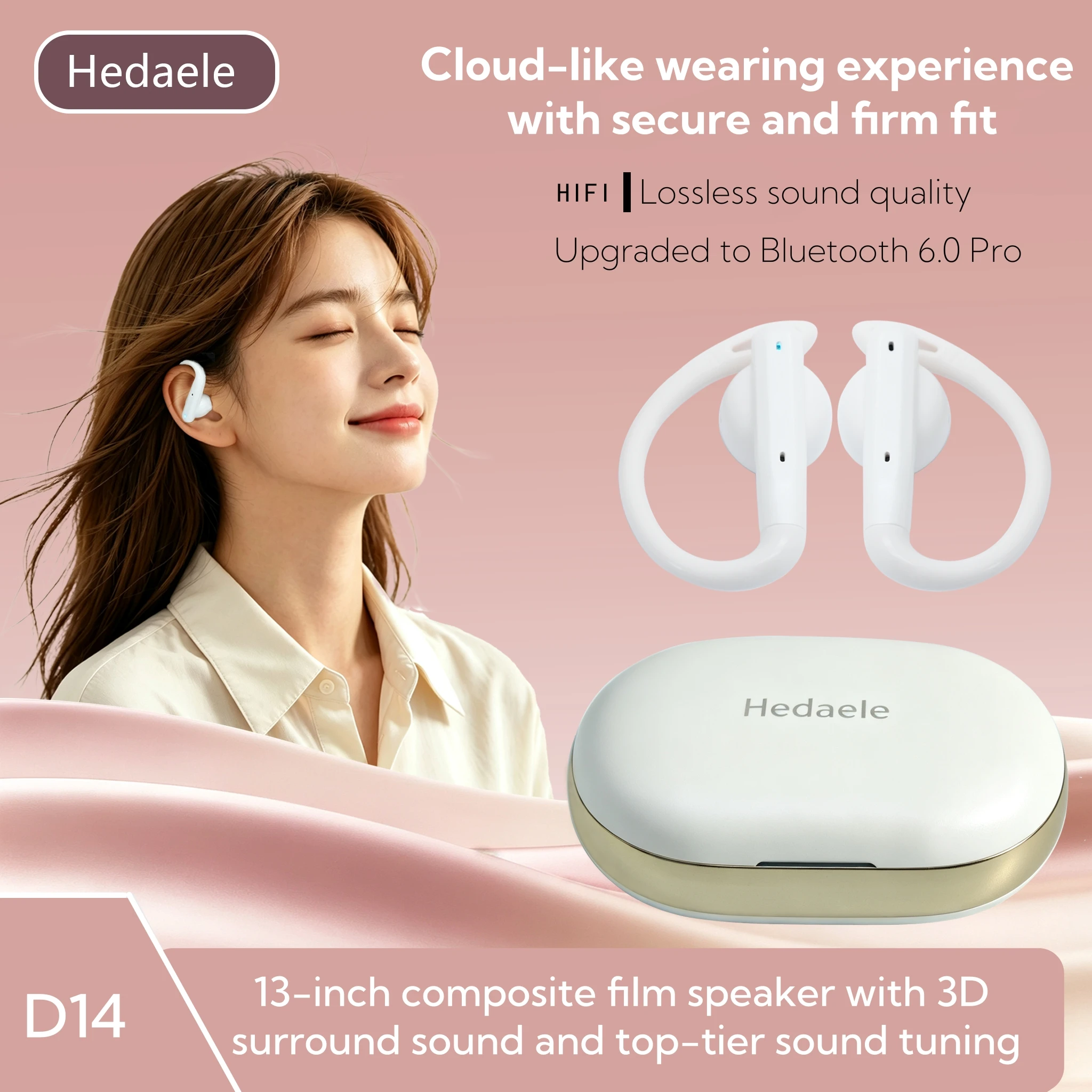 Фото Беспроводные наушники Hedaele D14 OWS с открытым ухом, Bluetooth V6.0, 13-мм композитная диафрагма, цифровой дисплей, Type-C, спортивные наушники №1