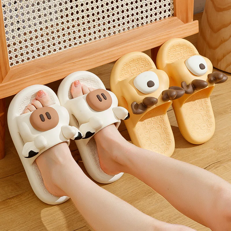 Women Summer Dairy Cattle Slippers Thick Massage Bottom Slides Home Anti-Slip Bathroom EVA Slippers Couples Campus Beach Sandals