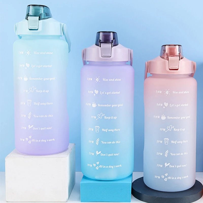 

2000ML Water Bottle with Straw Large Capacity Adult Student Drink Jugs Time Scale Frosted Outdoor Sports Big Plastic Water Cup