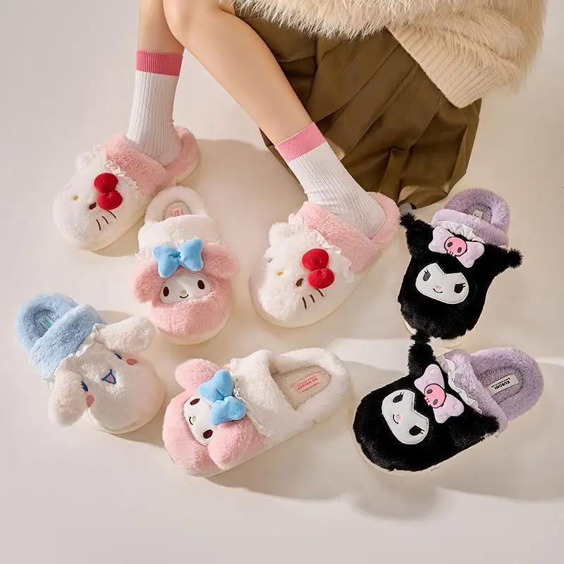 

Sanrio Cotton Slippers Kuromi Cinnamoroll Hello Kitty My Melody Thick Bottom Warm Couple Household Plush Shoes Toys for Girls