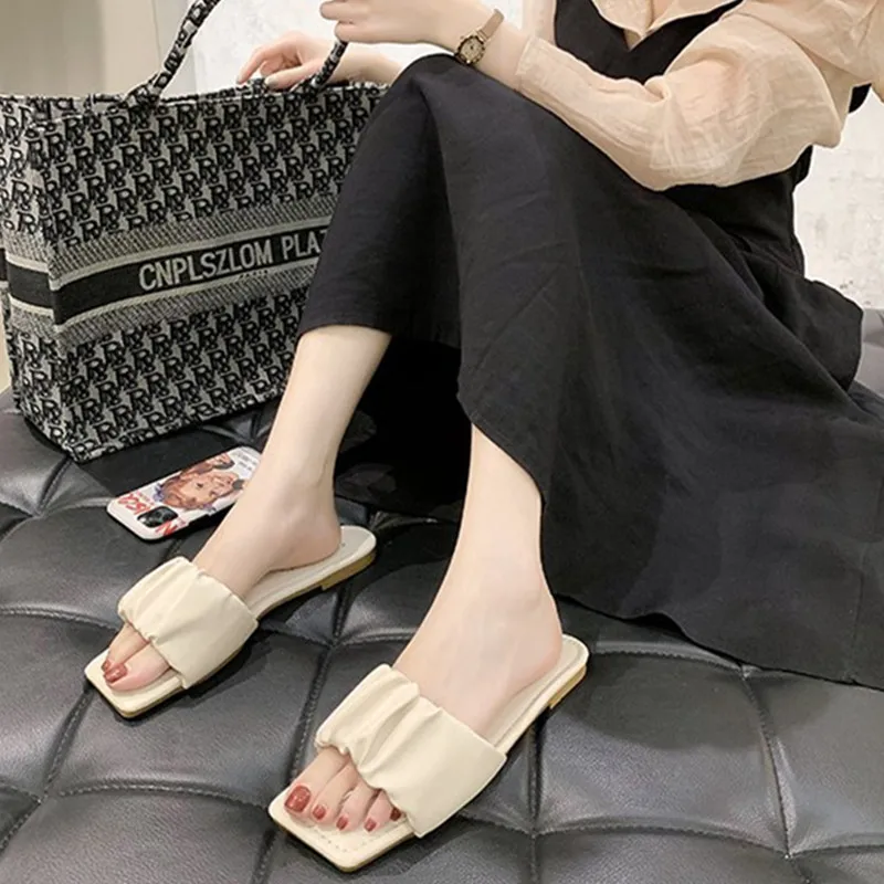 2023 Fashion Summer Womans Outside Slippers Female PU Solid Sweet-style Beach Shallow Flat-with Student Home Shoes Women Slides