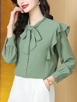 solid red women blouses bow summer chiffon pearl buttons breasted shirt fungus long sleeve office ladies top elegant fashion