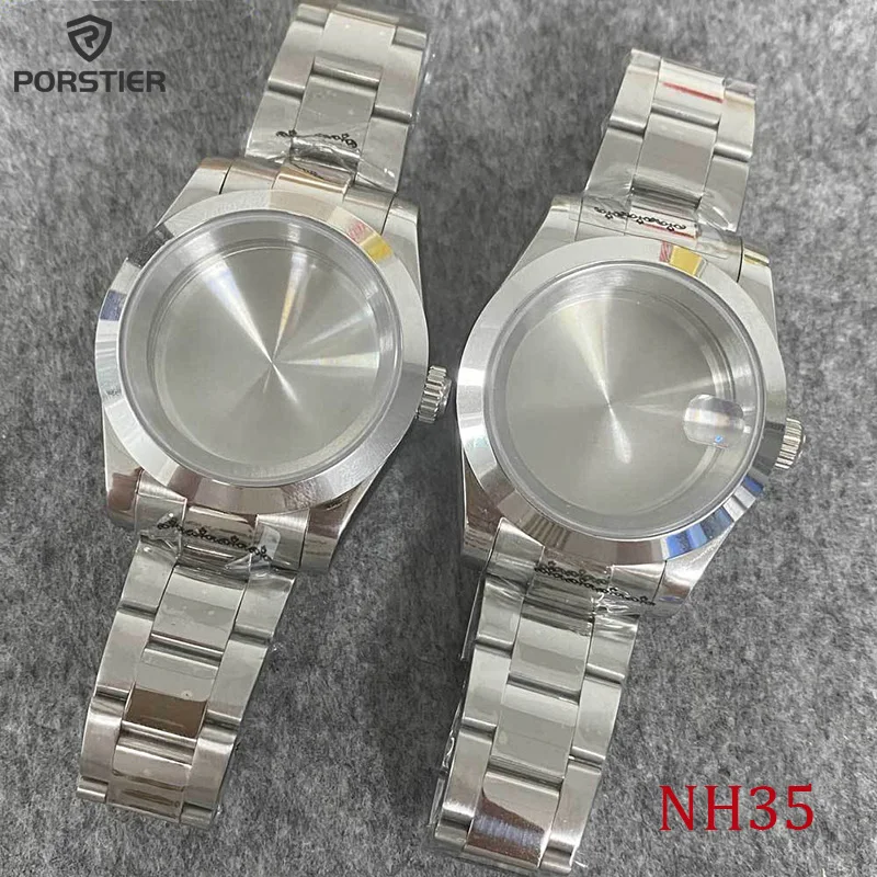 PORSTIER 39mm Silver stainless steel polished case + Strap sapphire glass 5ATM Waterproof Men Watches fit NH35 NH36 movement