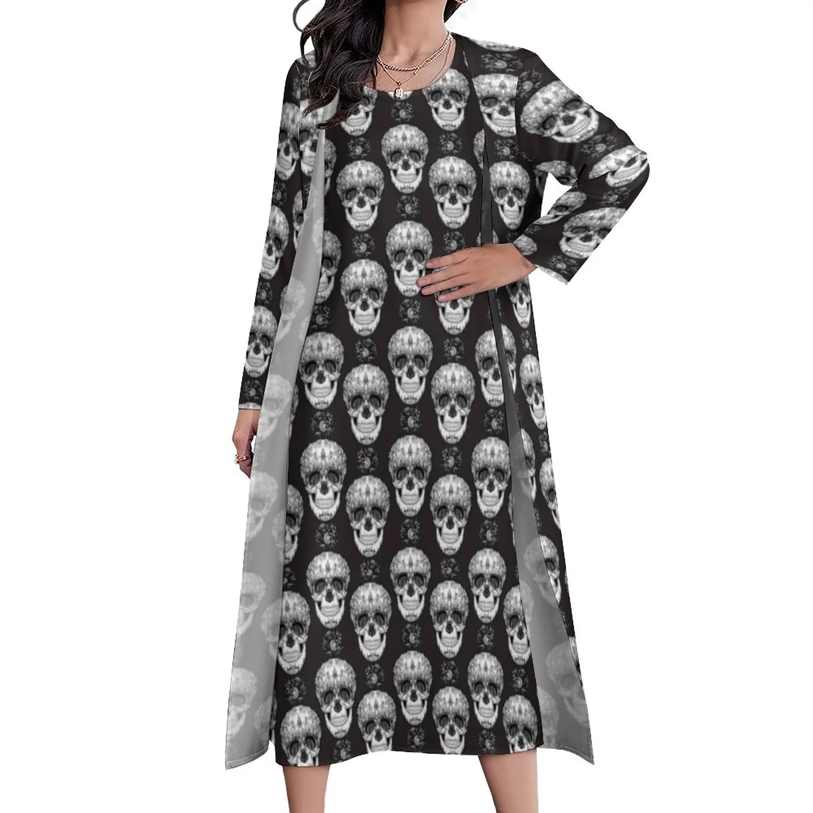 

Винтажное платье макси с черепами, повседневное длинное платье из двух предметов, уличная одежда с рисунком в виде сахарных черепов, черног...