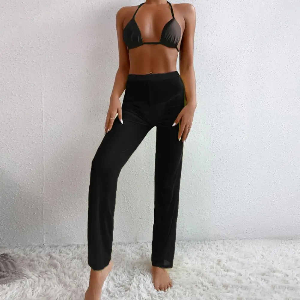 

Комплект бикини из трех предметов, Женский сетчатый Пляжный наряд, однотонный бюстгальтер, стринги, прозрачные брюки, комплект из 3 предмето...