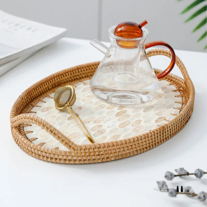 

Ins Nordic Light Luxury Handmade Rattan Basket Shell Binaural Fruit Basket Creative Oval Organizer Basket