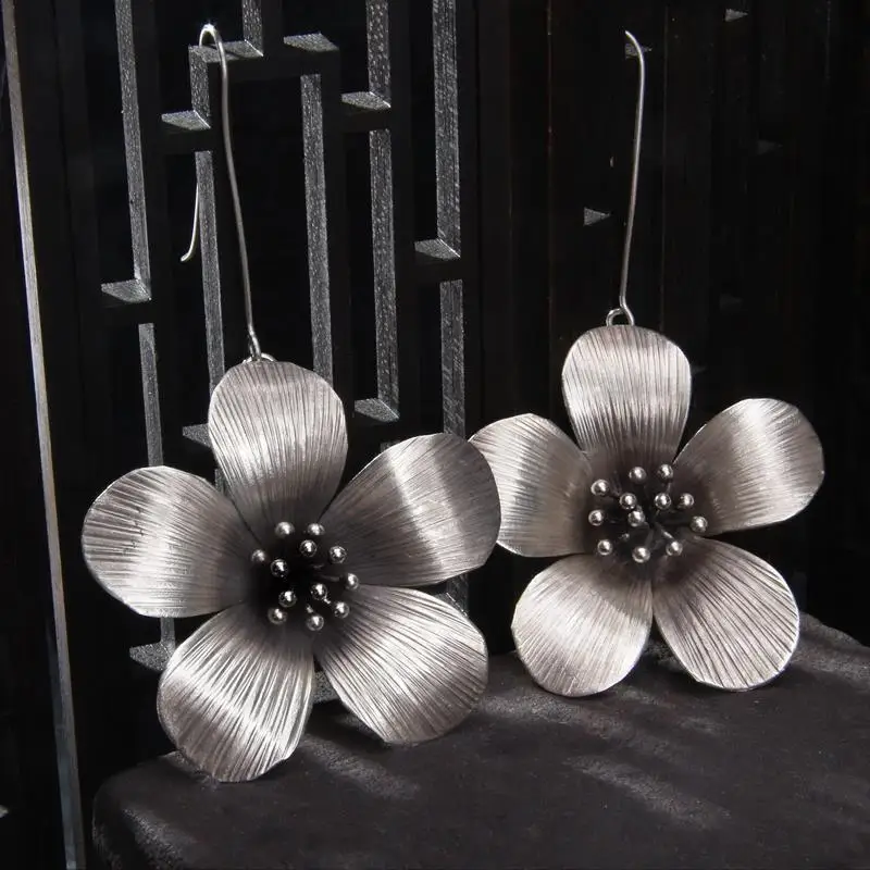 

Женские серьги в этническом стиле, Серебристые серьги с цветами ручной работы в стиле ретро