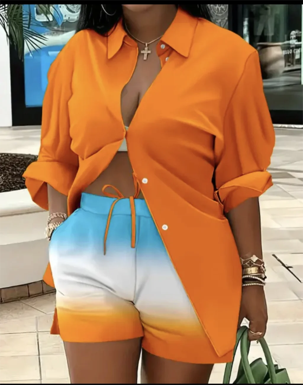 

Женский Повседневный костюм из двух предметов, свободная рубашка с длинным рукавом и шорты с принтом, осенний комплект из двух предметов
