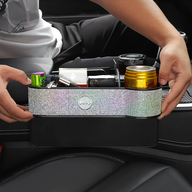 

Car Logo Seat Gap Storage Box Diamond Phone Water Cups Holder Organizer Interior Accessories For Jeep Renegade Compass Grand JKU