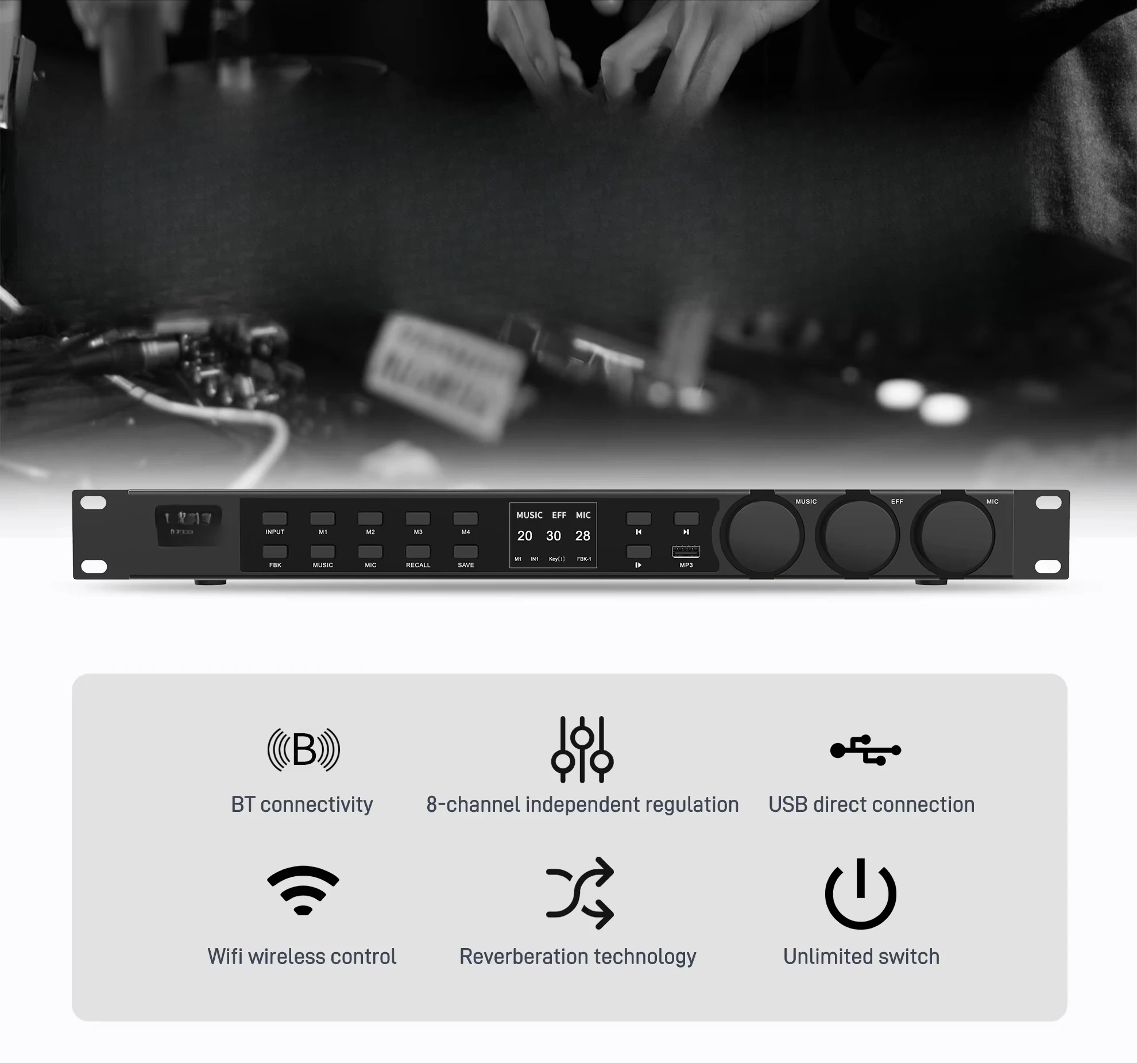 Фото Профессиональный аудиопроцессор Sound system effector с Bluetooth, USB-портом и функцией караоке, предэффектный процессор для диджеев №5