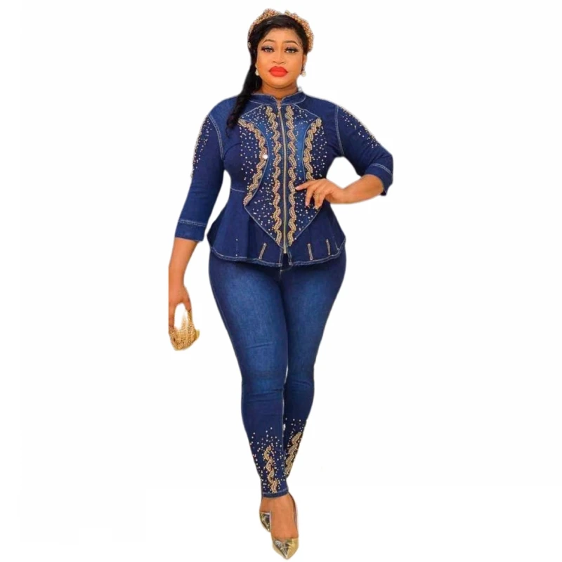 

Комплект из двух предметов, повседневный джинсовый костюм, женский синий джинсовый топ с рукавом 3/4 и длинные брюки, облегающий спортивный костюм, одежда для весны и осени, офисный костюм