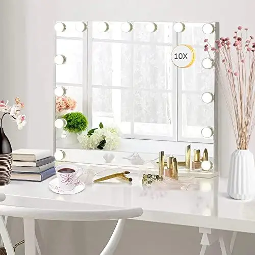 

Зеркало с подсветкой, большое зеркало для макияжа с 15 регулируемыми лампочками, 3 цветных режима, сенсорное управление, 10-кратное увеличение для кровати