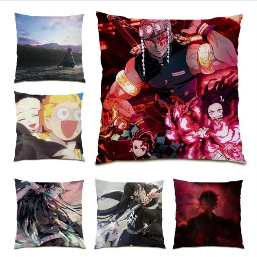 

45x45 Cushion Cover 45x45 Cartoon Living Room Decoration Polyester Linen Anime Velvet Demon Slayer Pillow Case Gift E0282