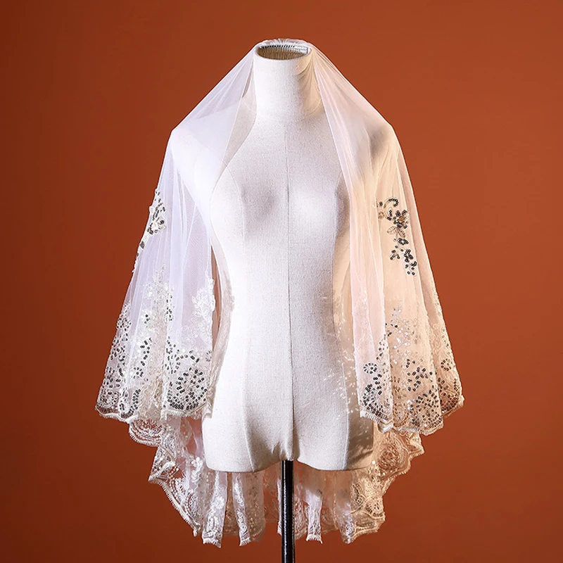 

Короткая свадебная фата с блестками, кружевная двойная Фата цвета шампанского, 0,8 м