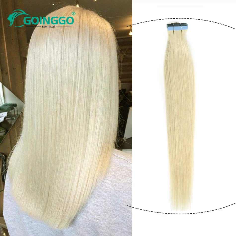 

60# Straight Remy Tape In Human Hair Extensions Platinum Blonde Skin Weft Adhesive Tape Hair Extension Blonde Girl 20Pcs 50g