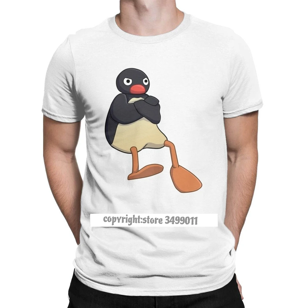 

Angry Pingu Tshirts Men Pure Cotton Awesome Tee Shirt Round Collar Penguin Meme Funny Cartoon Tees Tops Gift