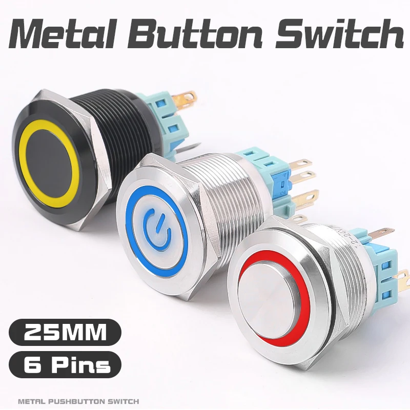 

25mm Waterproof Metal Push Button Switch With LED Light Self-locking And Momentary 6Pins Car Engine Power Switch 1NO1NC