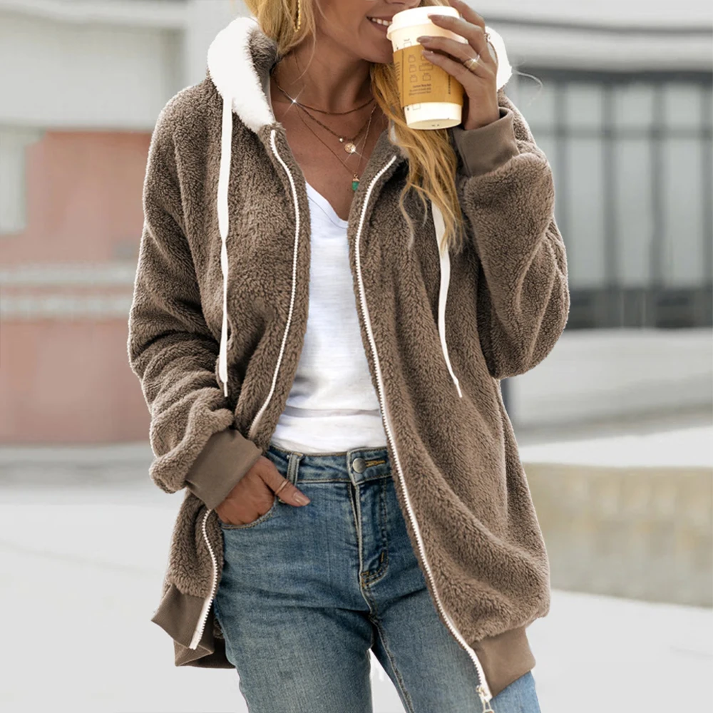 Plush jacket Women Winter Fur Grass Mid-length Large Size Loose Thick Hooded Women 2022 Oversized Plush Zip Hooded Jacket