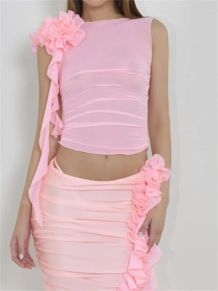 

CHRONSTYLE Women Solid Color Tank Tops Mesh See Through 3D Flower Ruffles Sleeveless Mini Vests Summer Slim Fit Camis Crop Tops
