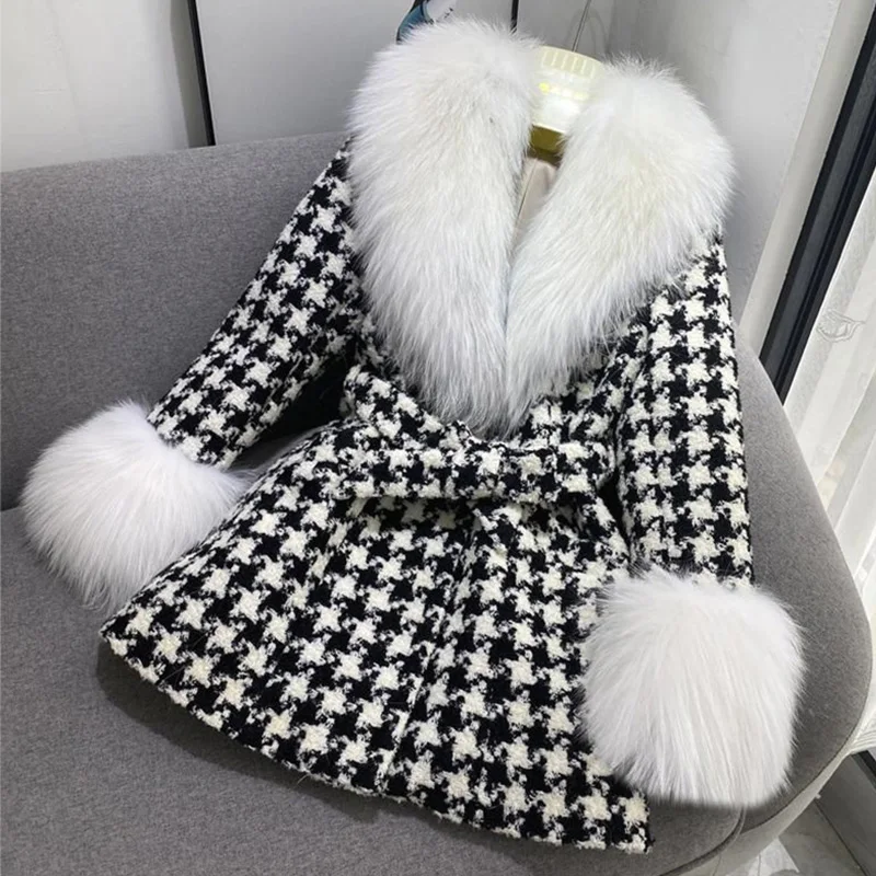 Fashion High-End Fur Coat Women 2022 Winter Imitation Silver Fox Fur Collar Medium Long Thousand Bird Check Temperament Coats
