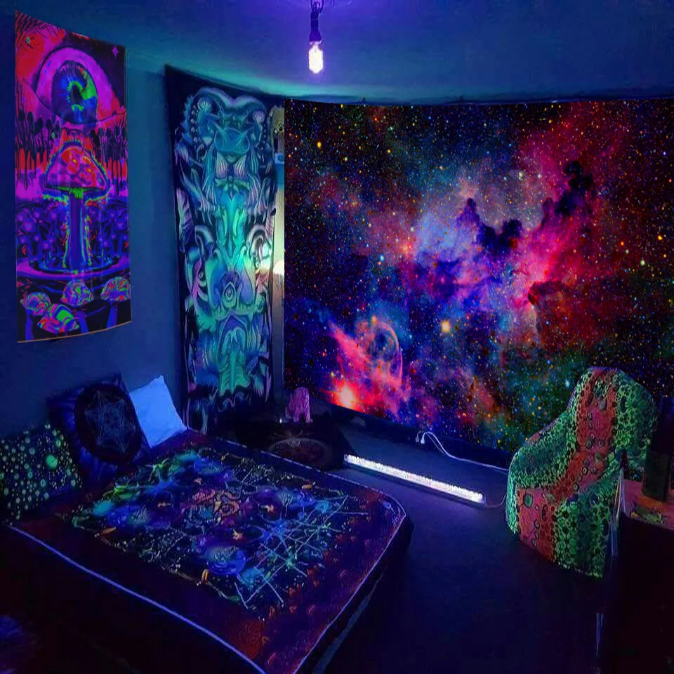 

Fluorescent Starry Tapestry UV Reactive Psychedelic Tapestry Aesthetic Wall Hanging Hippie Tapestrys for Home Decor