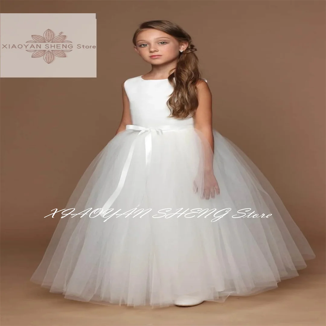Белое платье для девочек-цветочниц с открытой спиной и бантом тюлевое