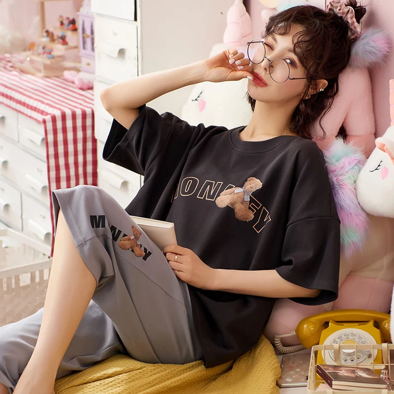 pajamas women's summer pure cotton  short sleeved capris students' leisure simple  lovely women's home clothes
