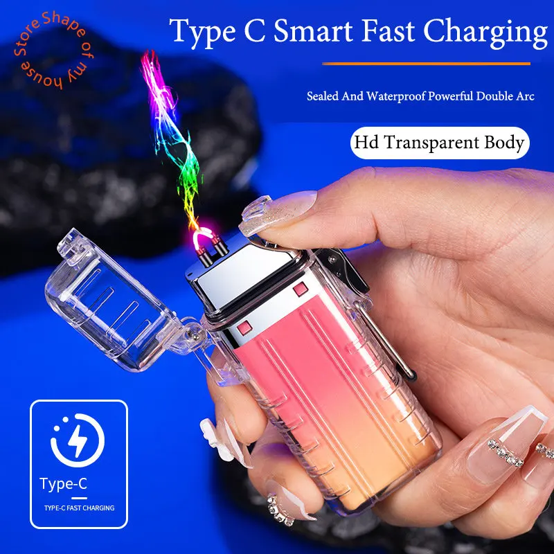 

Outdoor IP56 Waterproof Transparent Case Waterproof Double Arc Rechargeable Lighter Men's Gift Smoking Steamers Accessories