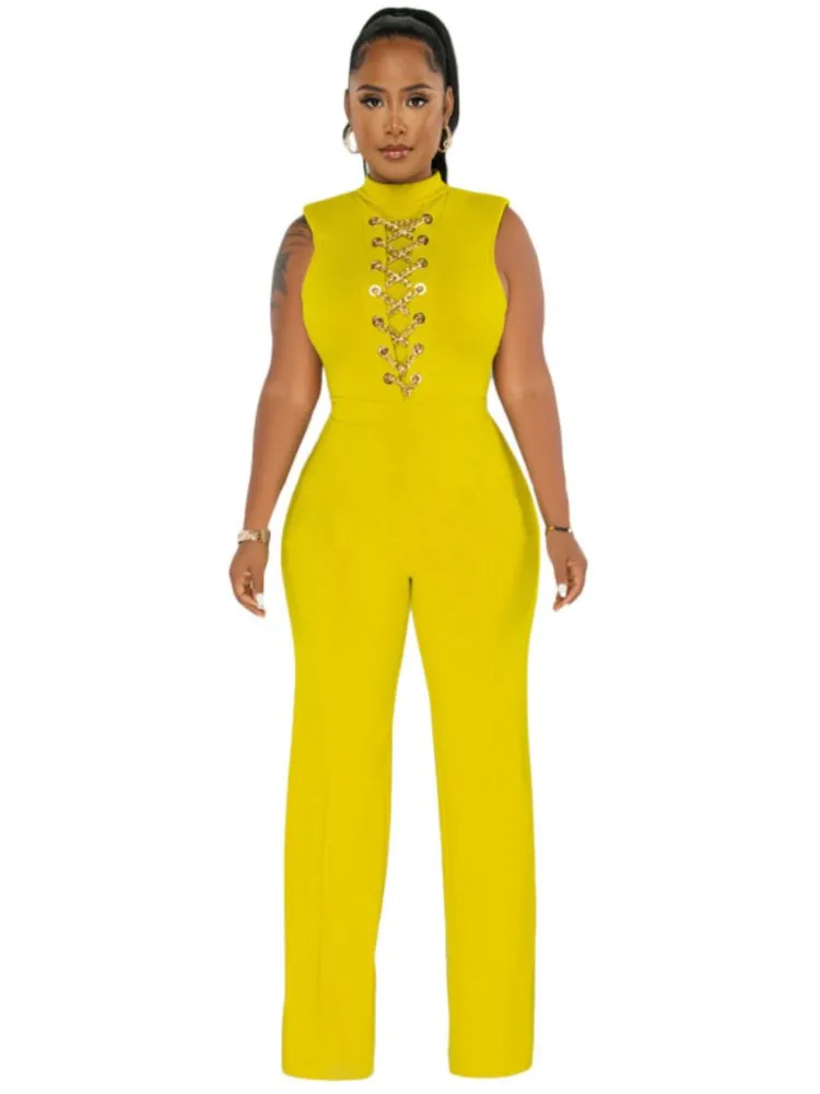 

Женский офисный комбинезон с высокой талией, элегантный комбинезон с воротником-стойкой и перекрестными цепочками, лето