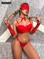 neongirl 6 pieces women bra bikini sets red lace push up chest pads underwire back closure choker belt with sleeve homewear