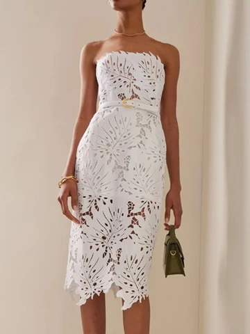Женское вечернее платье миди без бретелек, Белое Кружевное облегающее платье с открытой спиной для выступлений