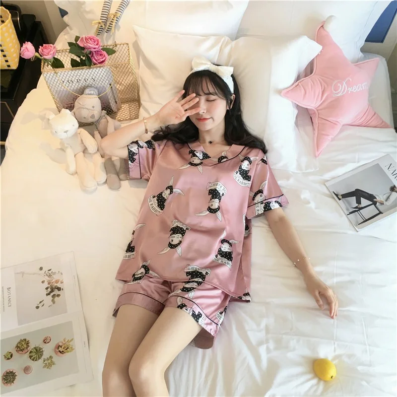 Silk pajamas women's summer short-sleeved Korean version sweet and cute cartoon V-neck pullover home service suit plus size