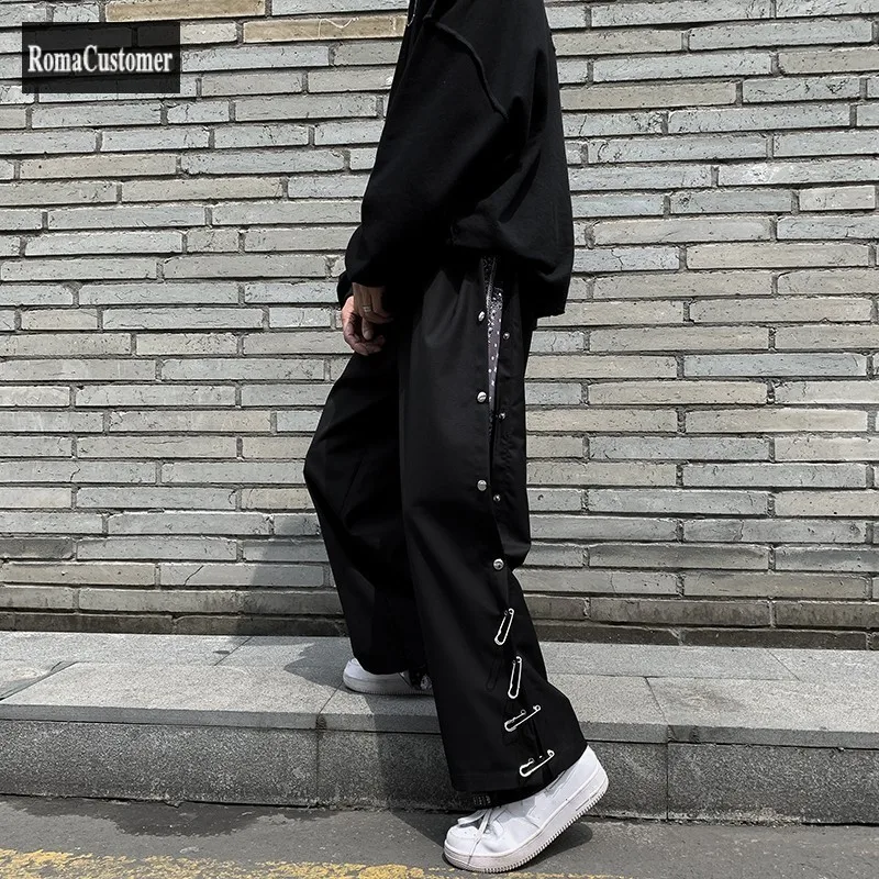 

Spring Fashion Black Pants Mens Loose High Street Punk Style Casual Pants Male Straight Wide Leg Pants Elastic Waist Sweatpants