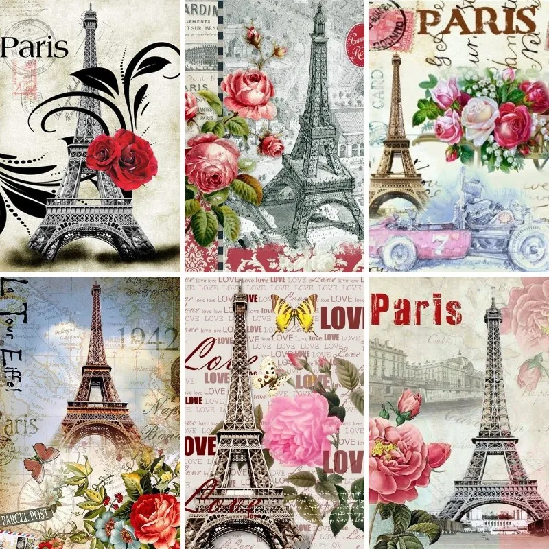

Full Square Rhinestone DIY Retro Diamond Painting Embroidery Paris Eiffel Tower & Roses Shabby Chic French Wall Art Home Decor