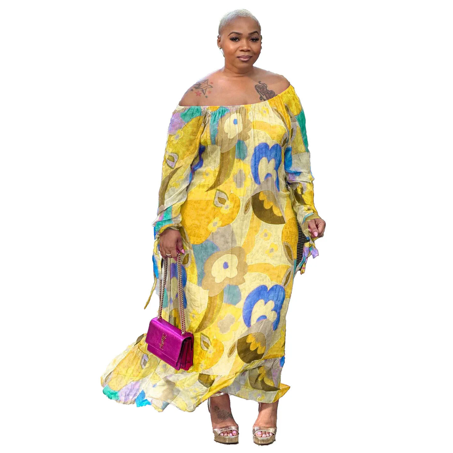 Plus Size Spring Summer Loose Women Casual Dress Big Size 3xl 4xl Slash Neck Long Sleeves Printing Leisure Hol 3xl 4xl 5xl 6xl
