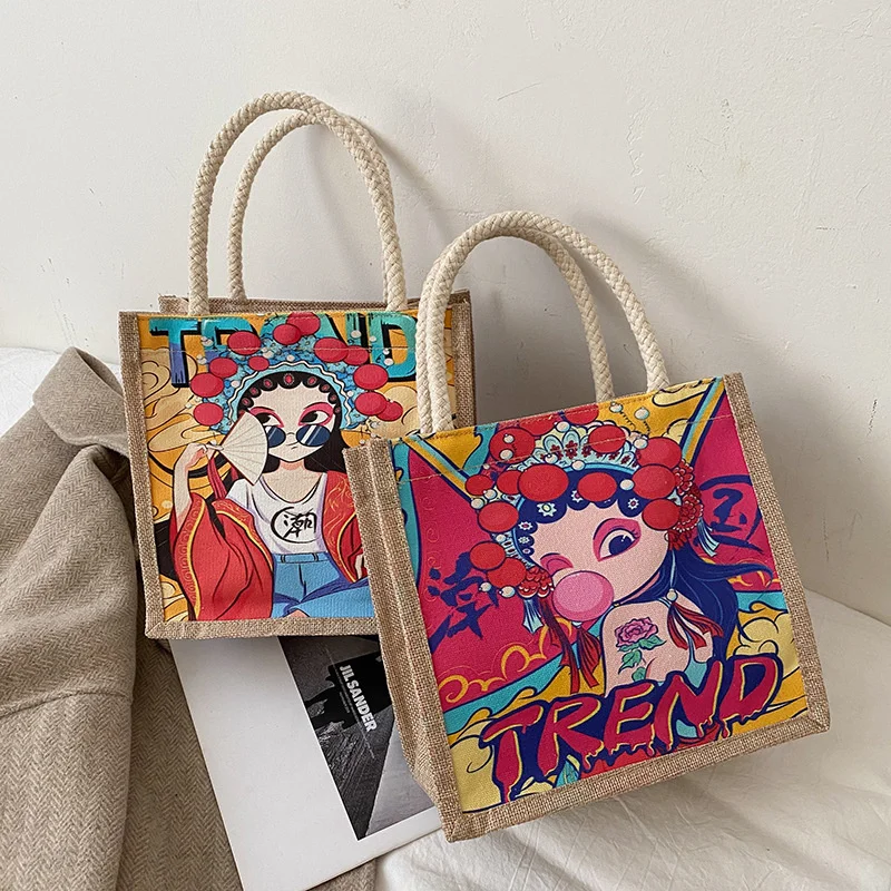 

Bag women 2021 new Korean fashion printed women's bag graffiti linen hand bag ins leisure Beijing Opera bag