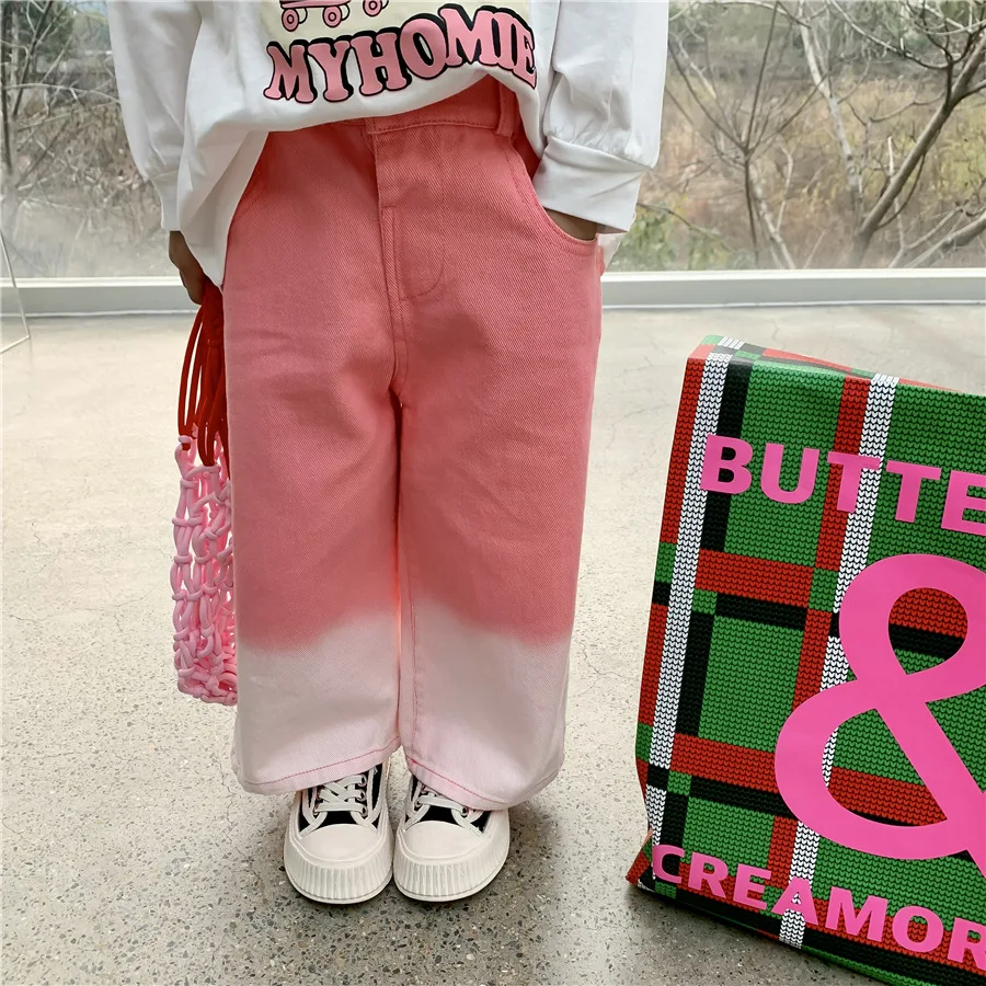 

Новинка Весна 2023, детские штаны для девочек, розовые градиентные милые и милые широкие брюки до щиколотки с эластичным поясом для принцесс, ...