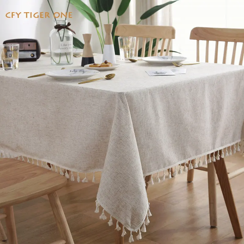 

Cotton Linen Solid with Tassel Tablecloth for Table Pastoral Decorate Rectangular Tablecloth Dining Table Cover Tea Cloth
