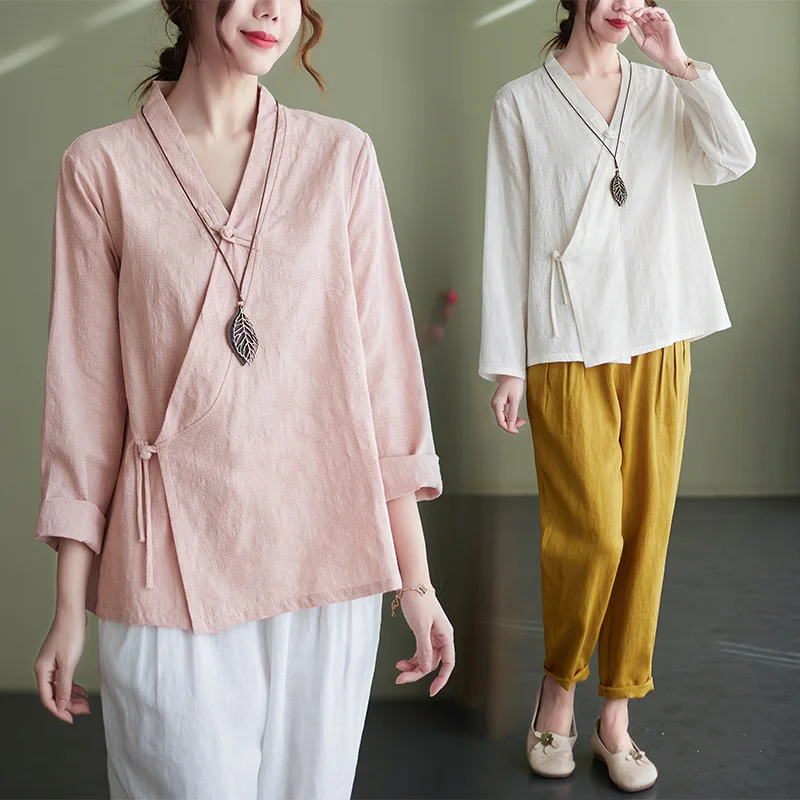 

2022 Spring New Chinese Zen Tea Clothes Button Shirt Women Long Sleeve Chinese Hanfu Cotton and Linen Tops