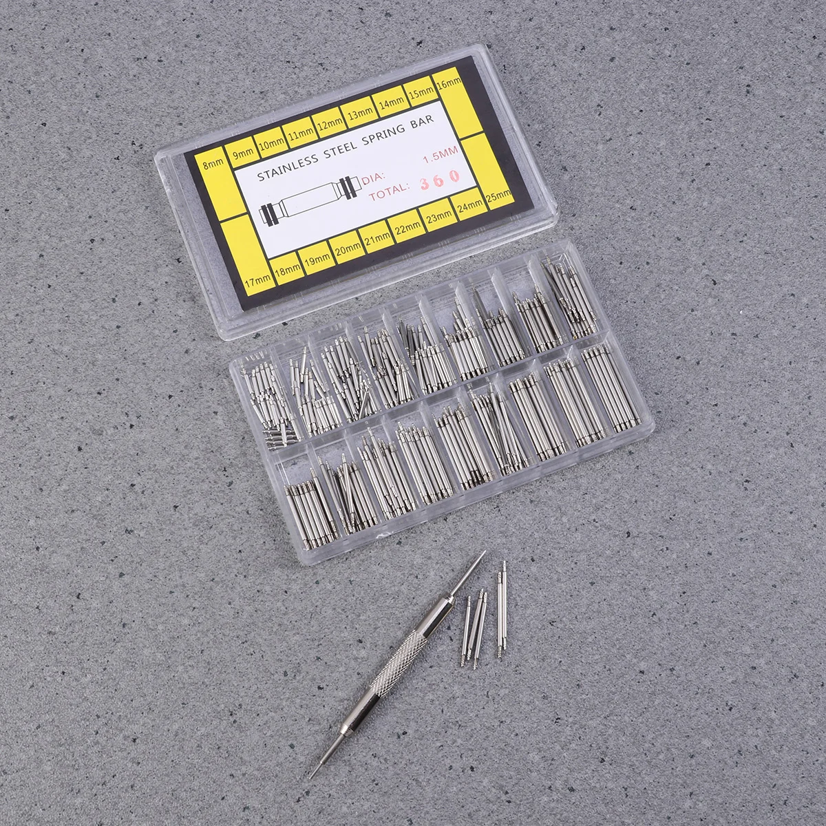 

360Pcs 8-25mm Watch Spring Bars Professional Watch Wristband Stainless Steel Link Repair Replacement Pin Tool Kit Set (Silver)
