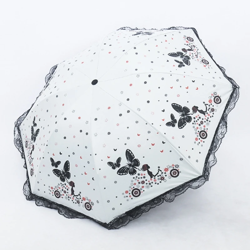 

Women's Umbrella Portable Lace Folding Rainproof Waterproof Sunshade Uv Resistant Flower Print Fresh Princess Wind Sun Umbrella