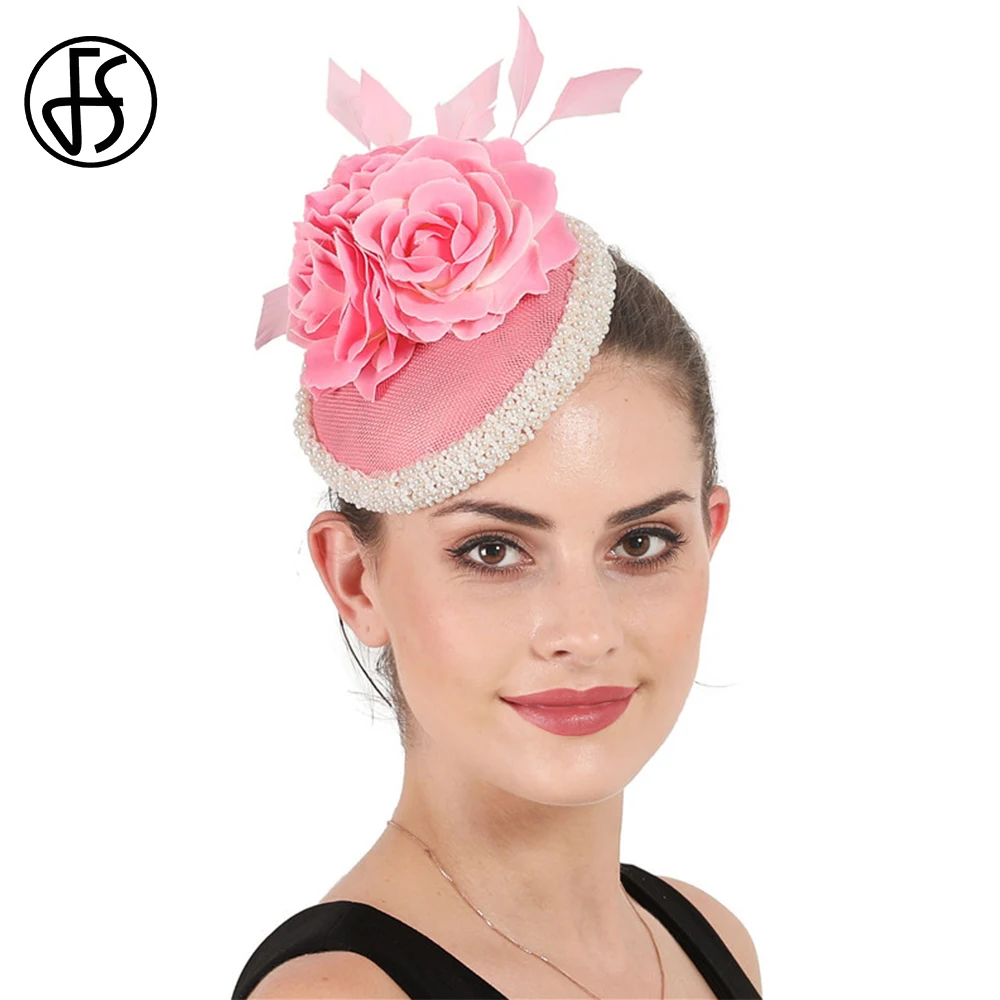 

FS Fascinators Retro Bridal Wedding Ceremony Pink Hats For Women With Flowers Horse Racing Festival Cap Elegant Church Headwear