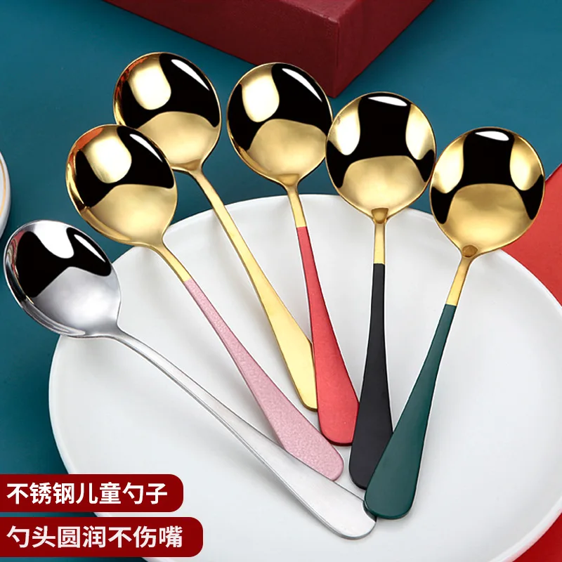 

Luxury Stainless Steel Soup Spoons Colorful Round Head Ice Cream Cake Dessert Coffee Mixing Spoon Kitchen Tableware Black Gold
