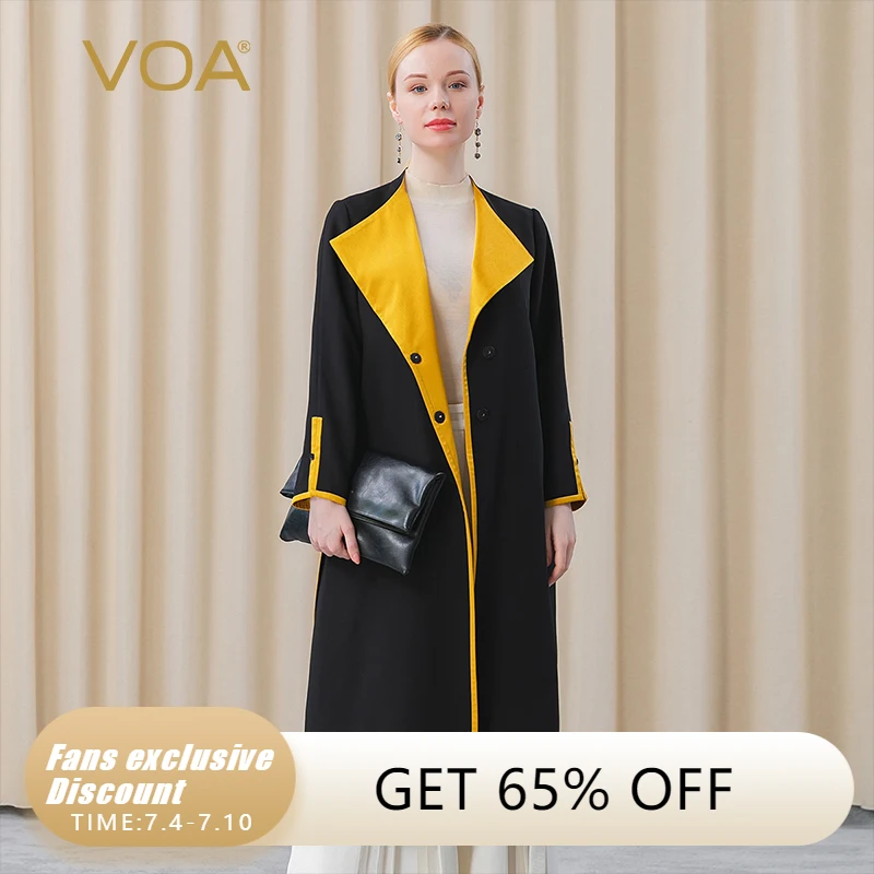 

VOA 60m/m Heavy Silk Sand Black Ripped Yellow Bump Stitched Strap Cuffs Open Fork Long Windshield FE100 Women Clothes