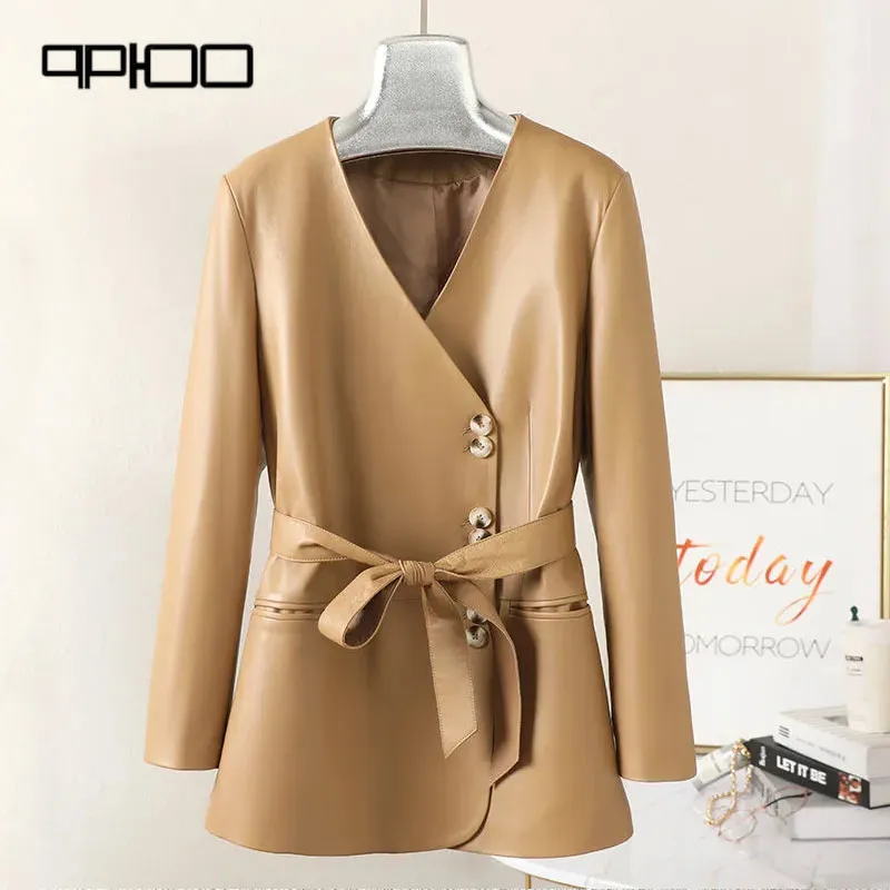 Женское пальто из натуральной овечьей кожи черное с v-образным - Цена: 36551.92