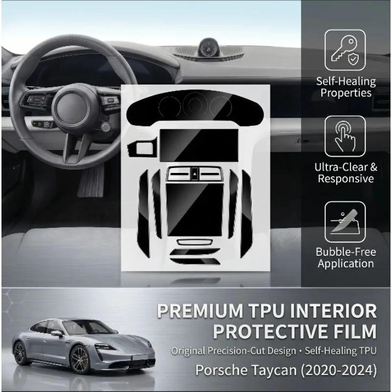 Фото Защитная пленка из ТПУ для PORSCHE Taycan 2020-2024, панель коробки передач, навигационный экран, автомобильный интерьер, наклейка против царапин №1