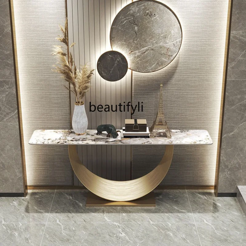

yj Italian Light Luxury Stone Plate Hallway Modern Simple and High-End Stainless Steel Minimalist Console Tables